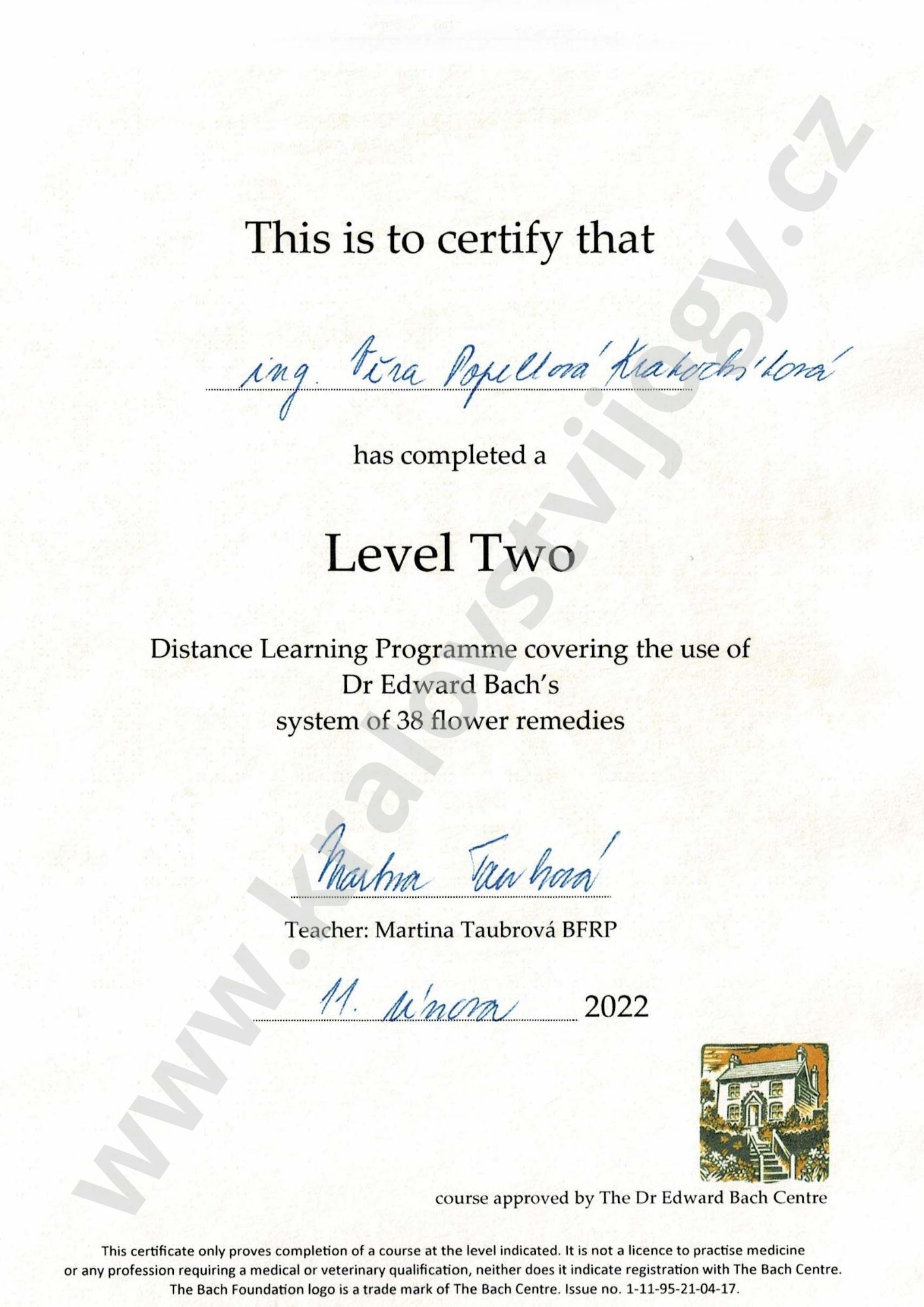 Certifikát Bachova centra – doplňkové vzdělání